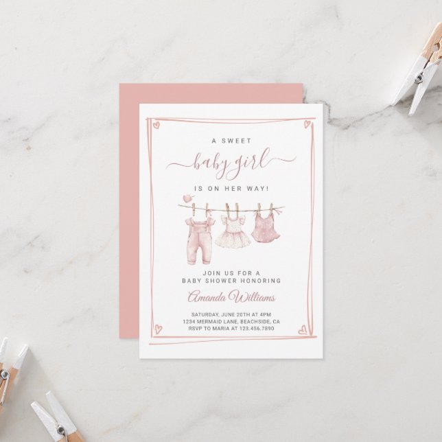 Invitación a Baby Shower de Clothesline Chica Boho (Anverso/Reverso In Situ)