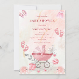 Invitación a baby shower de cochecito de bebé rosa
