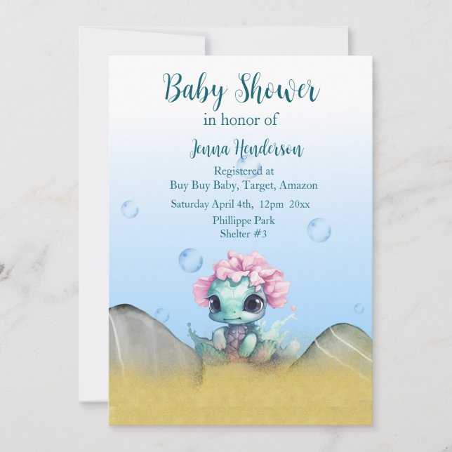 Invitación a Baby Shower de código QR para tortuga (Anverso)