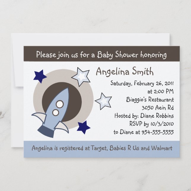 Invitación a Baby Shower de cohetes y estrellas (Anverso)