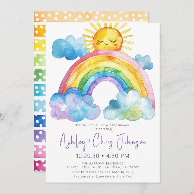 Invitación a Baby Shower de color arcoiris (Anverso / Reverso)