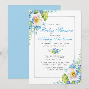 Invitación a Baby Shower de color azul floral