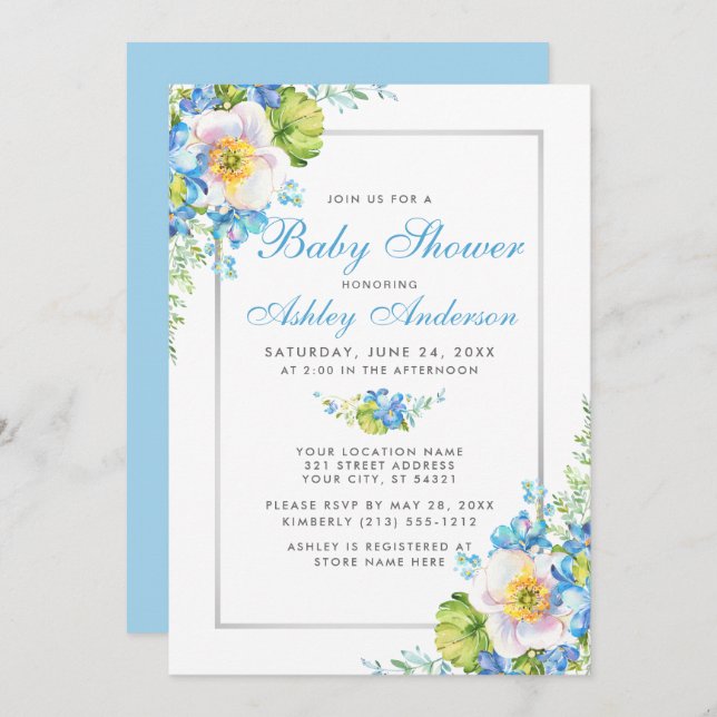 Invitación a Baby Shower de color azul floral (Anverso / Reverso)
