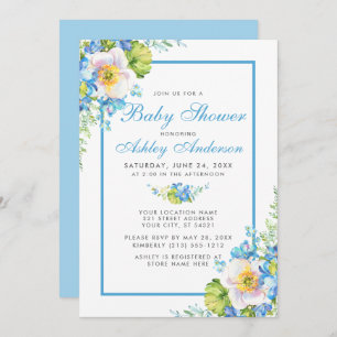Invitación a Baby Shower de color azul floral B