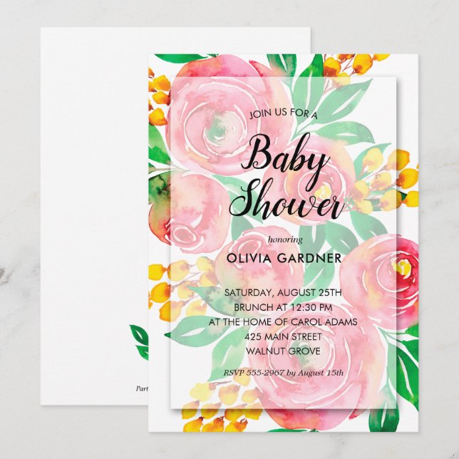Invitación a Baby Shower de color de agua amarillo (Anverso / Reverso)