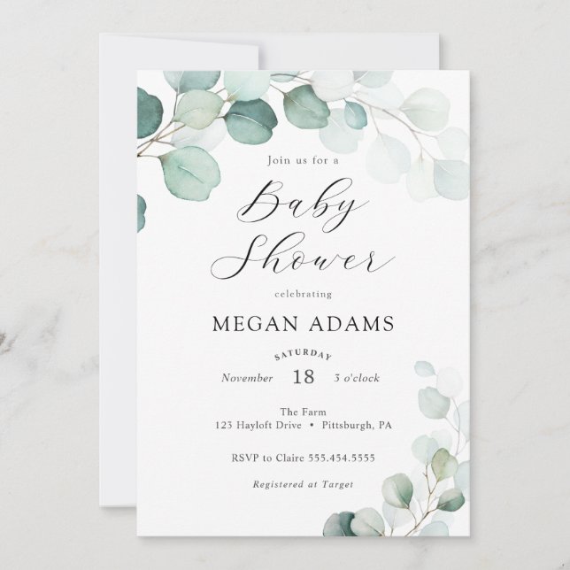 Invitación a Baby Shower de color de agua Eucalypt (Anverso)
