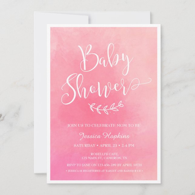 Invitación a Baby Shower de color de agua rosa (Anverso)