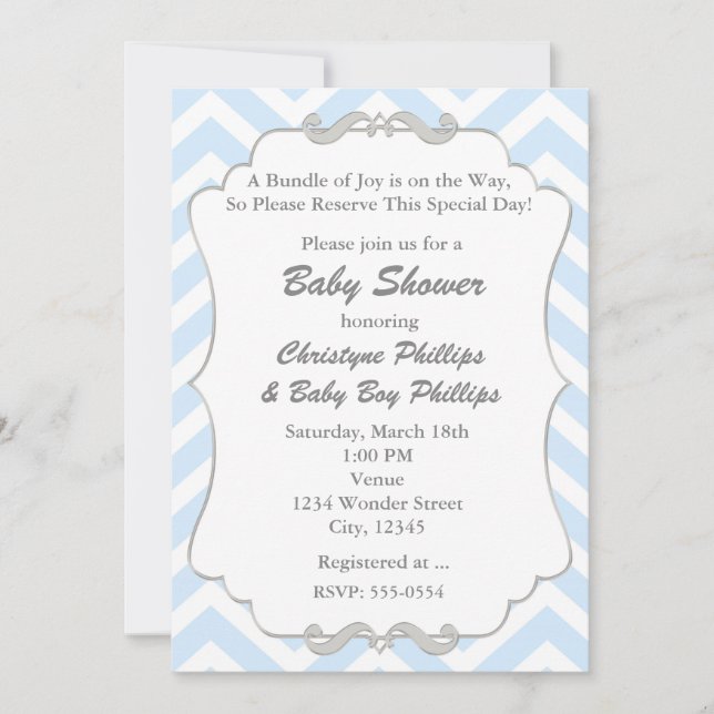 Invitación a Baby Shower de color gris y azul dulc (Anverso)