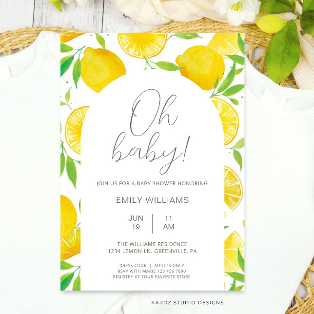 Invitación a Baby Shower de color limón de verano (This Lemon Baby Shower Invitation is shown in size 5 x 7 in. Other sizes and digital available.)