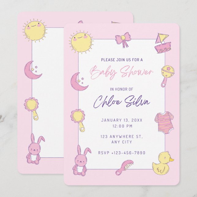 Invitación a Baby Shower de color rosa (Anverso / Reverso)