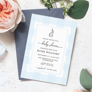 Invitación a baby shower de conejito con gingham a