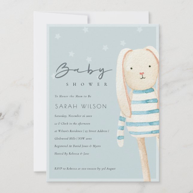 Invitación a Baby Shower de conejito gris azul Dus (Anverso)