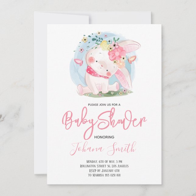 Invitación a Baby Shower de Conejo Chica Cute (Anverso)