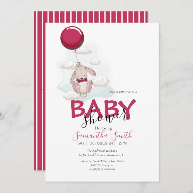 Invitación a Baby Shower de Conejo de Globos (Anverso / Reverso)