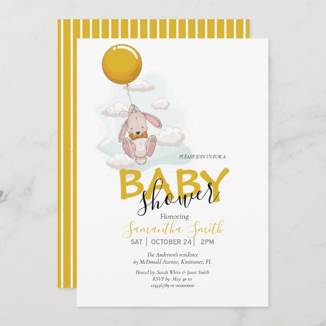 Invitación a Baby Shower de Conejo de Globos (Anverso / Reverso)