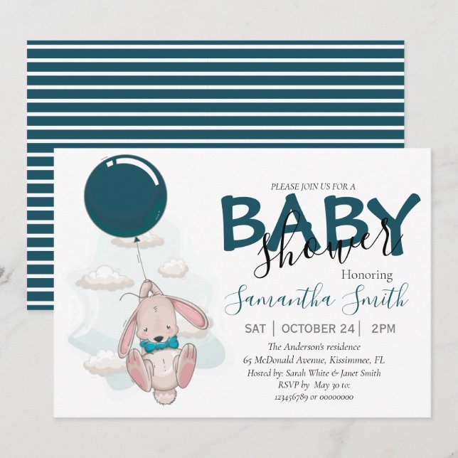 Invitación a Baby Shower de Conejo de Globos (Anverso / Reverso)