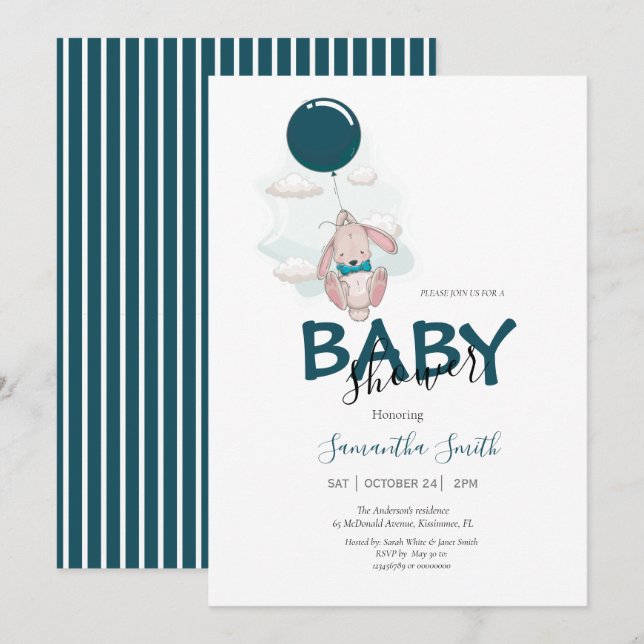 Invitación a Baby Shower de Conejo de Globos (Anverso / Reverso)