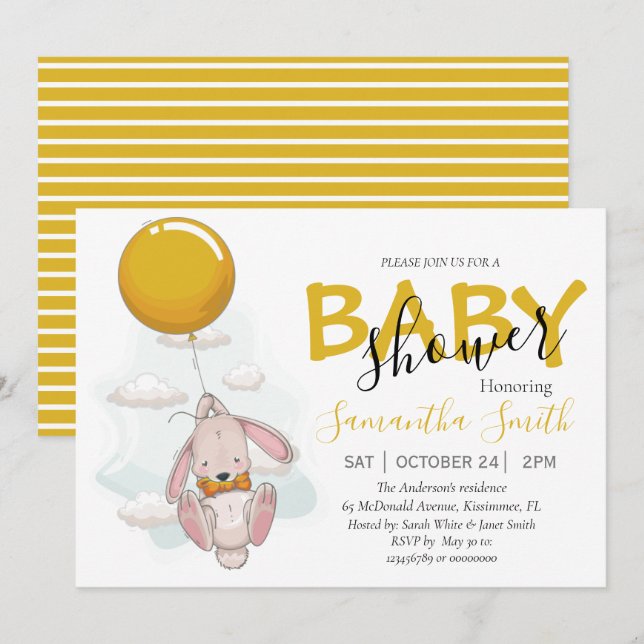 Invitación a Baby Shower de Conejo de Globos (Anverso / Reverso)