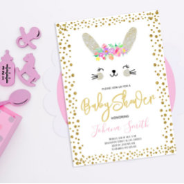 Invitación a baby shower de conejo gris con confet