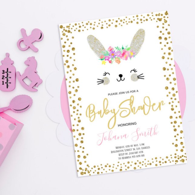 Invitación a baby shower de conejo gris con confet (Subido por el creador)