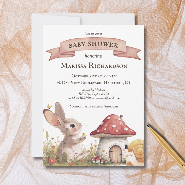 Invitación a Baby Shower de conejo rústico (custom cute vintage rustic bunny rabbit baby shower invitation, elegant woodland and forest theme)