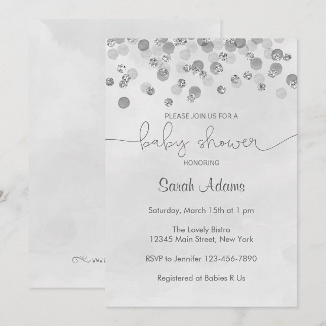 Invitación a Baby Shower de Confetti Plateado (Anverso / Reverso)