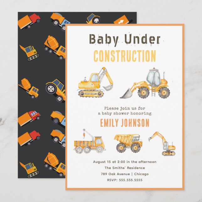 Invitación a Baby Shower de construcción (Anverso / Reverso)