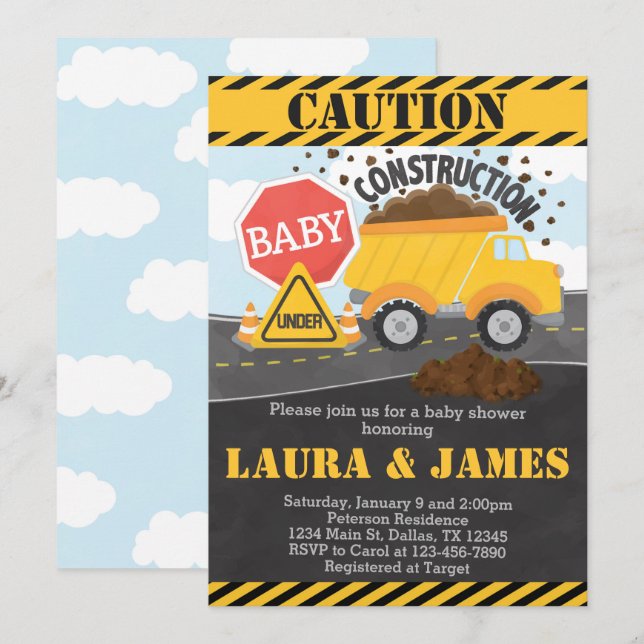 Invitación a Baby Shower de construcción (Anverso / Reverso)
