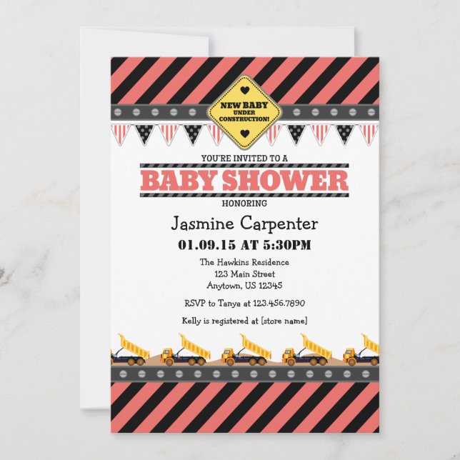 Invitación a Baby Shower de construcción de coral (Anverso)