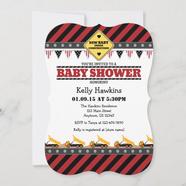 Invitación a Baby Shower de construcción roja (Anverso)
