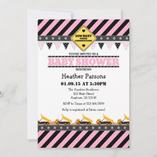 Invitación a Baby Shower de construcción rosa
