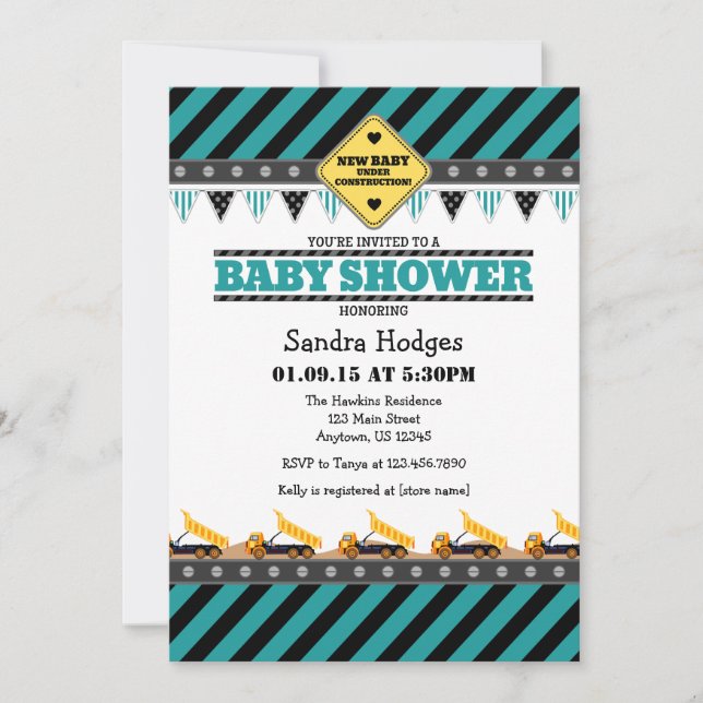 Invitación a Baby Shower de construcción verde azu (Anverso)