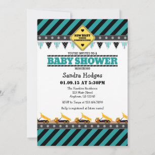 Invitación a Baby Shower de construcción verde azu