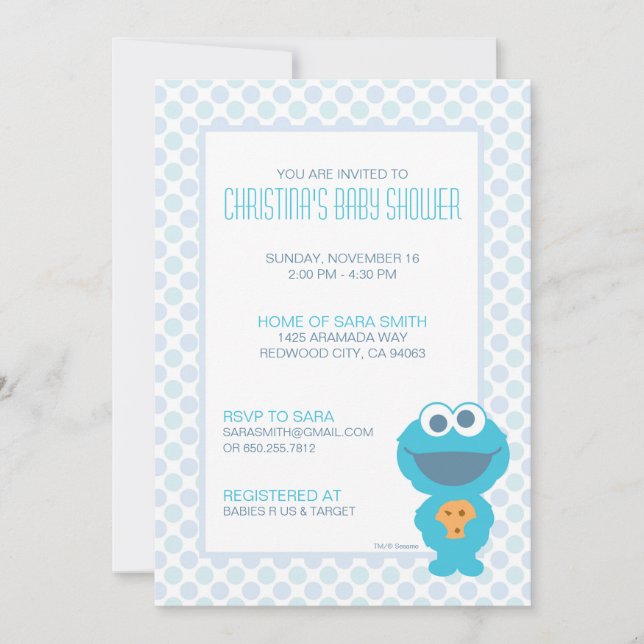 Invitación a Baby Shower de Cookie Monster (Anverso)
