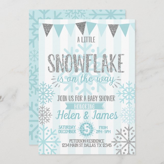 Invitación a Baby Shower de copo de nieve en invie (Anverso / Reverso)