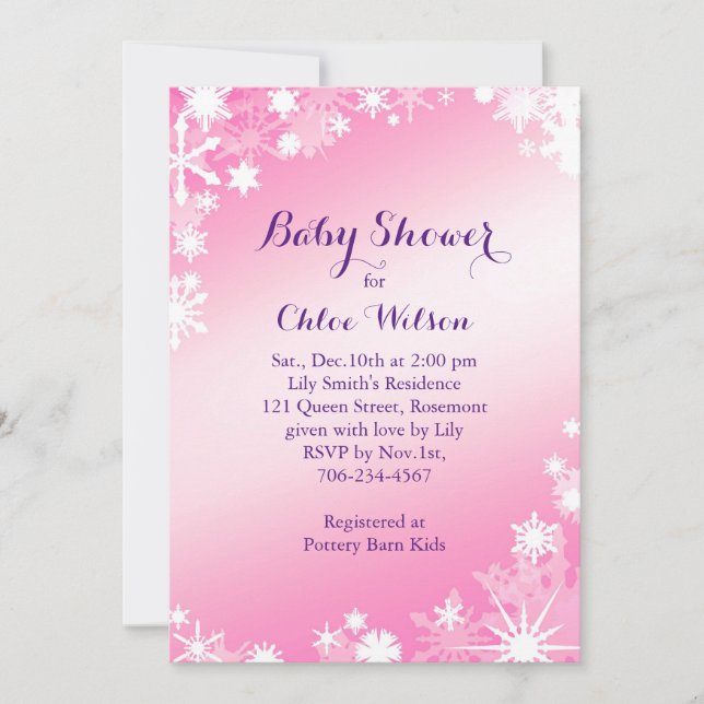 Invitación a Baby Shower de copos de nieve rosados (Anverso)