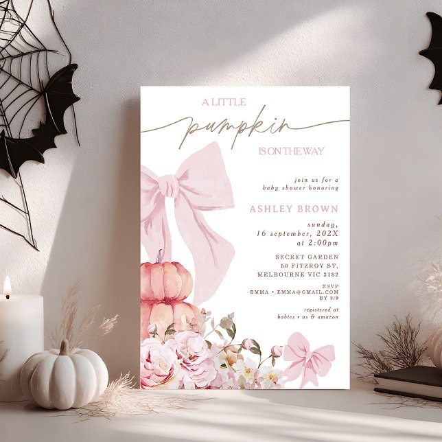 Invitación a Baby Shower de Coquette Pink Bow Flor (Editable Pink Bow Pumpkin Girl Baby Shower Invitation, Little Pumpkin Baby Shower Invitation Girl)