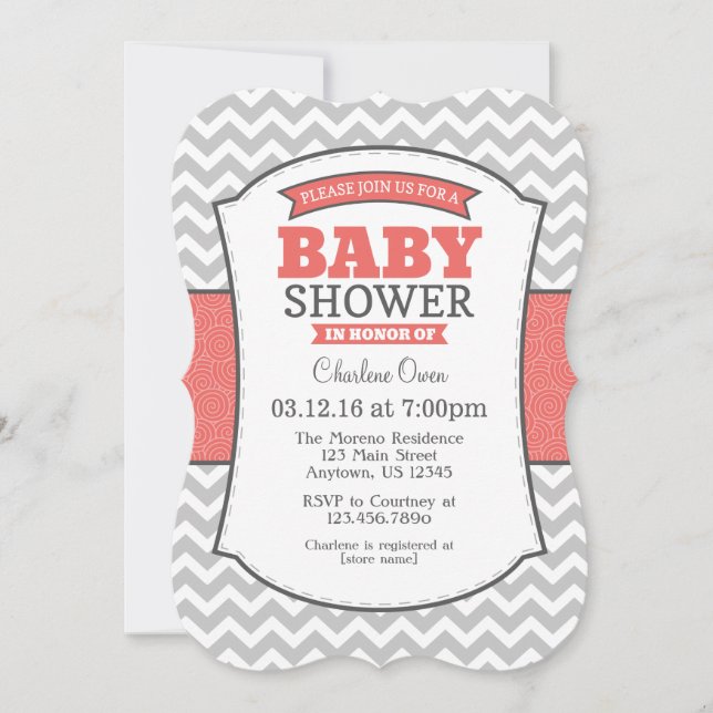 Invitación a Baby Shower de Coral Gray Chevron (Anverso)
