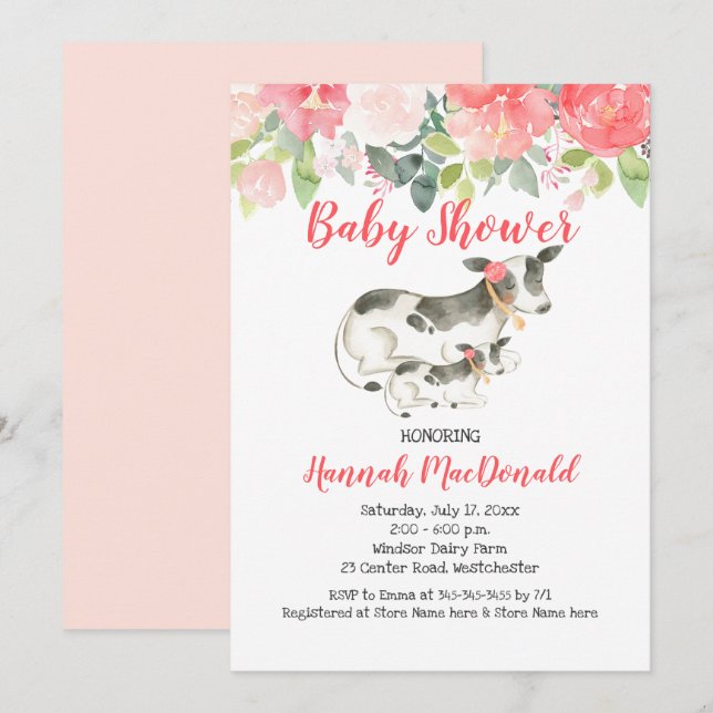 Invitación a Baby Shower de coral rosa de flores d (Anverso / Reverso)