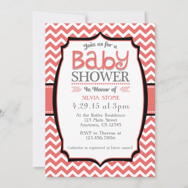 Invitación a Baby Shower de Coral White Chevron (Anverso)