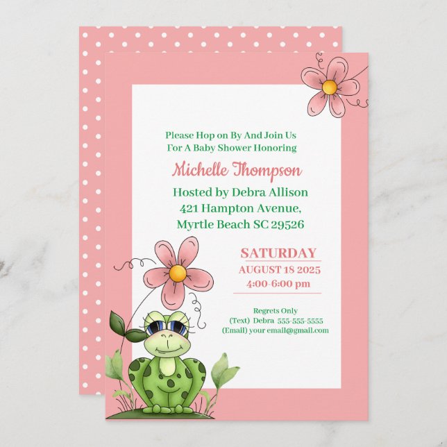 Invitación a Baby Shower de coral y rana verde (Anverso / Reverso)