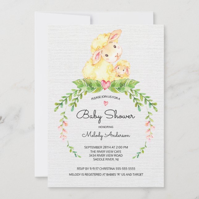 Invitación a Baby Shower de cordero dulce (Anverso)
