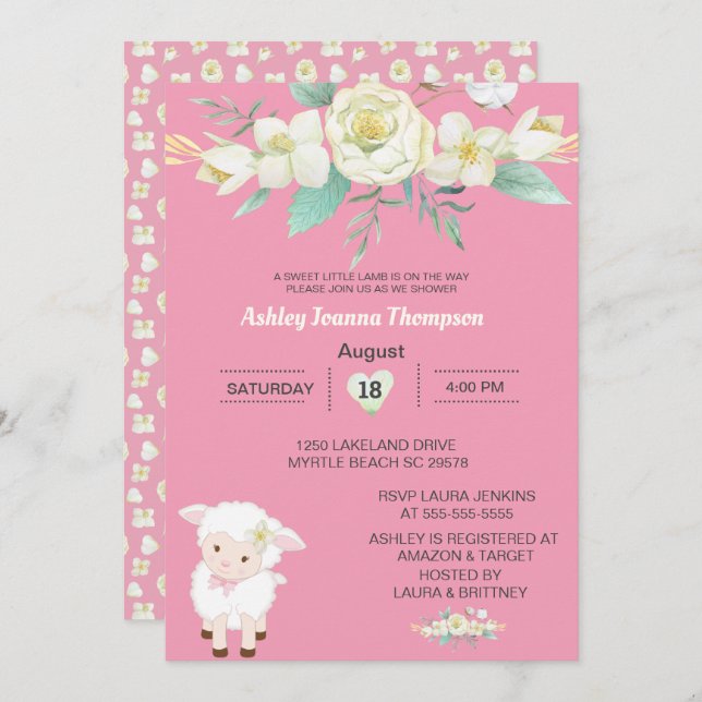 Invitación a Baby Shower de cordero floral para Ch (Anverso / Reverso)
