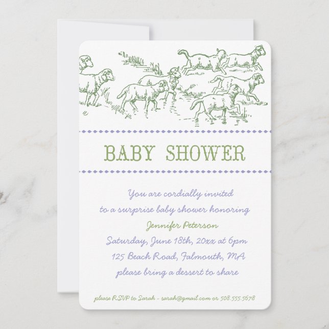Invitación a Baby Shower de cordero verde - unisex (Anverso)