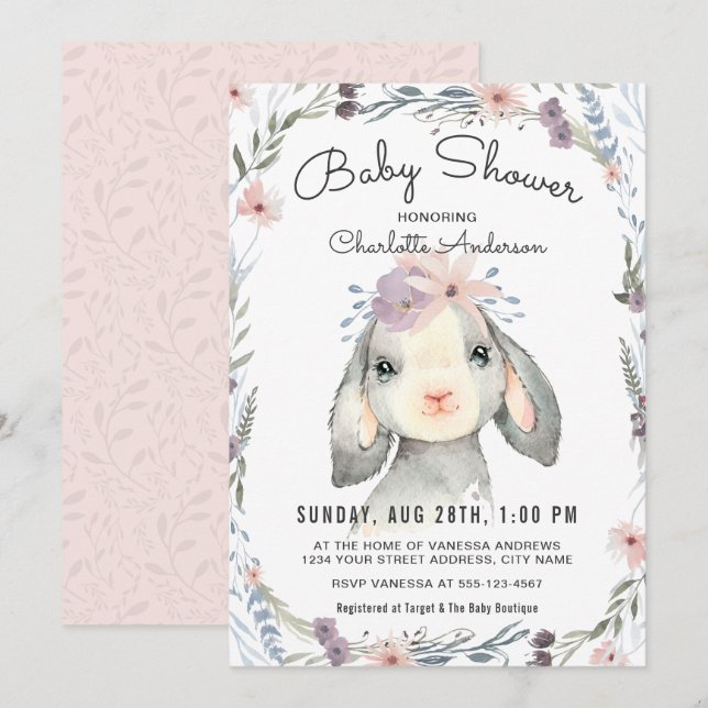 Invitación a Baby Shower de cordero y flores (Anverso / Reverso)
