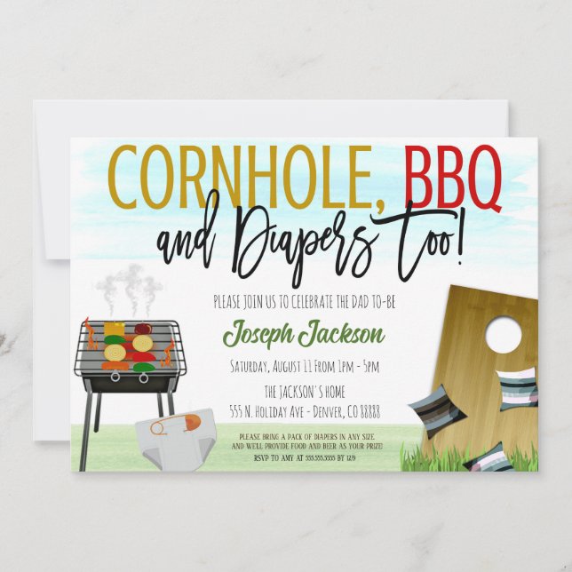 Invitación a Baby Shower de Cornhole y BBQ (Anverso)