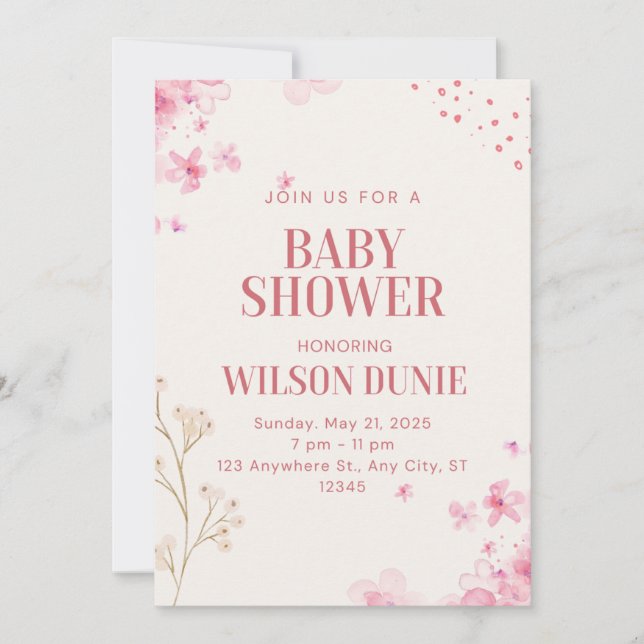 Invitación a Baby Shower de corte floral Rosa (Anverso)