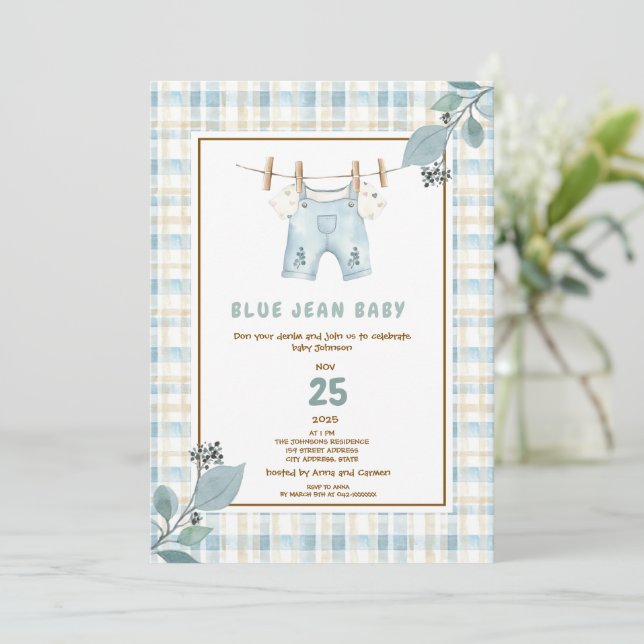 Invitación a Baby Shower de Country Gingham Blue J (Anverso de pie)