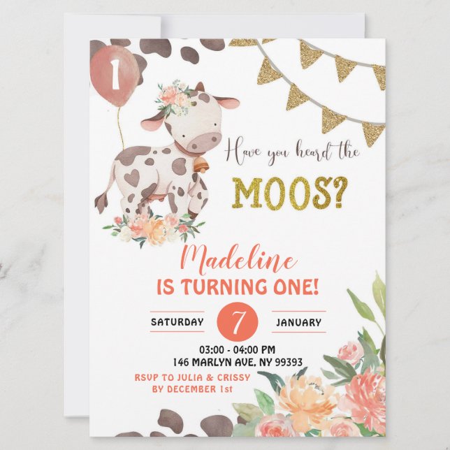 Invitación a Baby Shower de Cow Farm Chica Floral (Anverso)