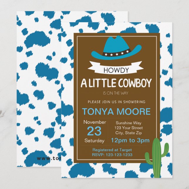 Invitación a Baby Shower de Cowboy azul (Anverso / Reverso)